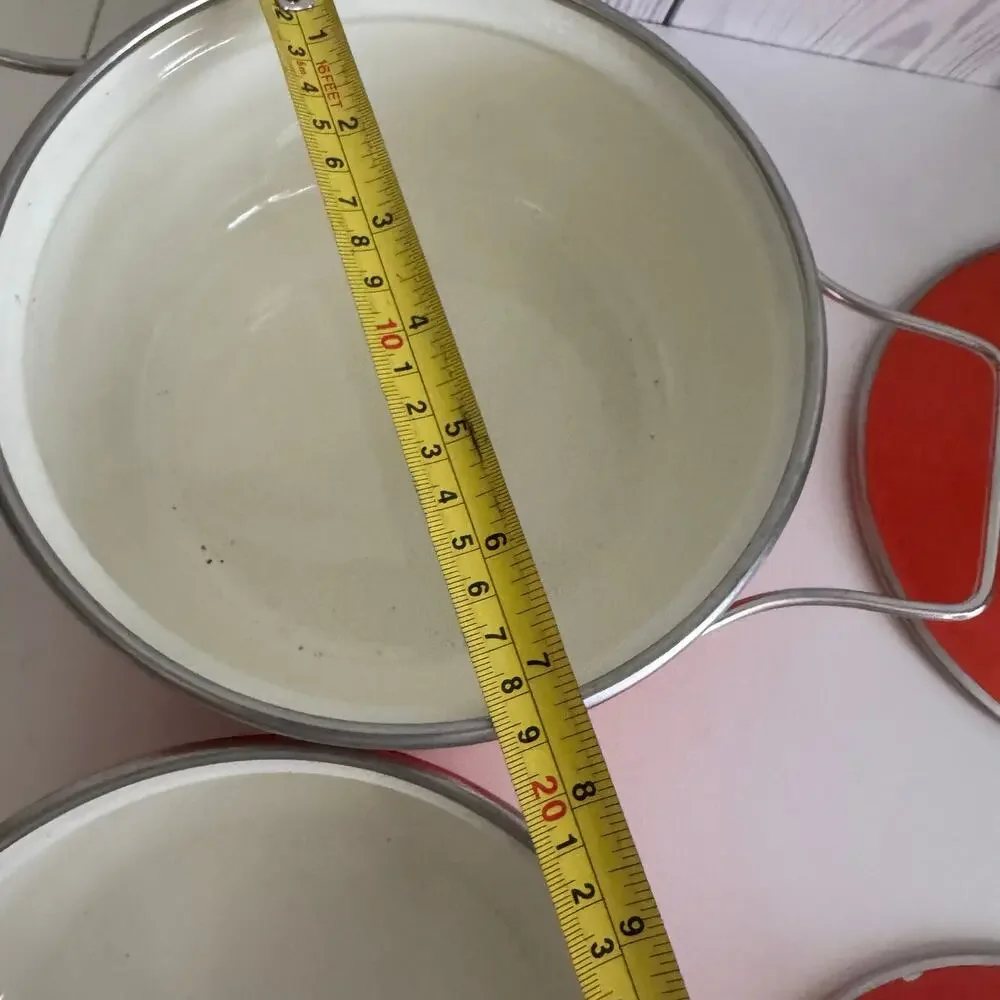 MCM Set of 2 Enamel Bright Red-Orange Lidded Cooking Pots Handle Lid